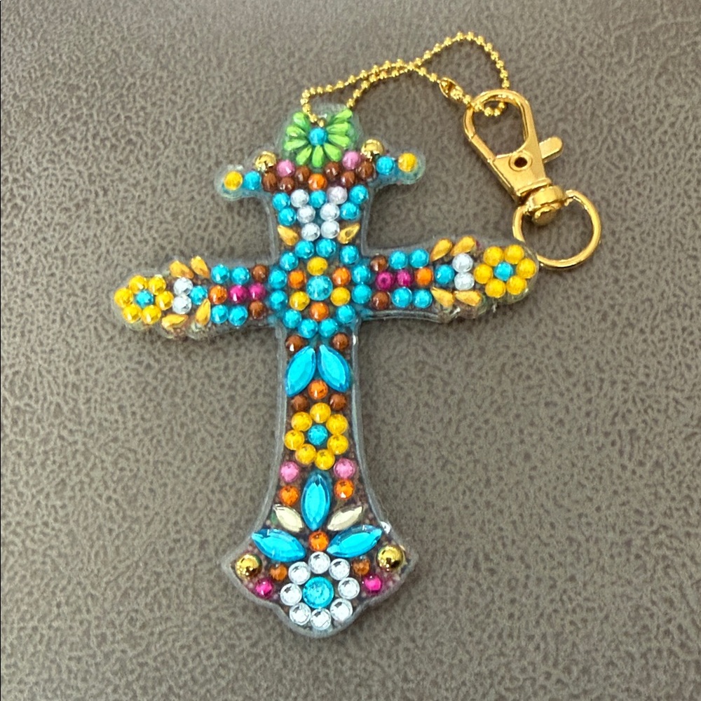 Beaded Cross Pendant Keychain with Gold Chain